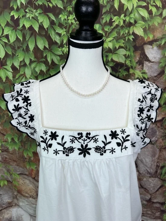 LOFT Black and White Embroidered Pinafore-Style Top, M - Picture 3 of 11